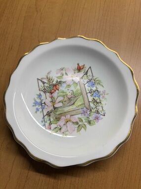 Decorative White Porcelain Plate Butter Pat Floral Garden Motif and Gold Rim